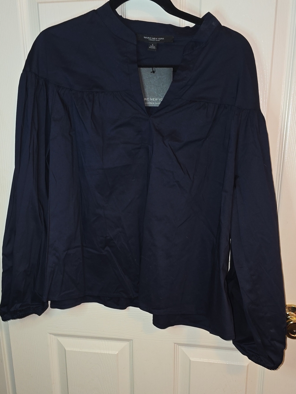 Marc New York Navy V-Neck Long Sleeve Blouse with Gathered Shoulders